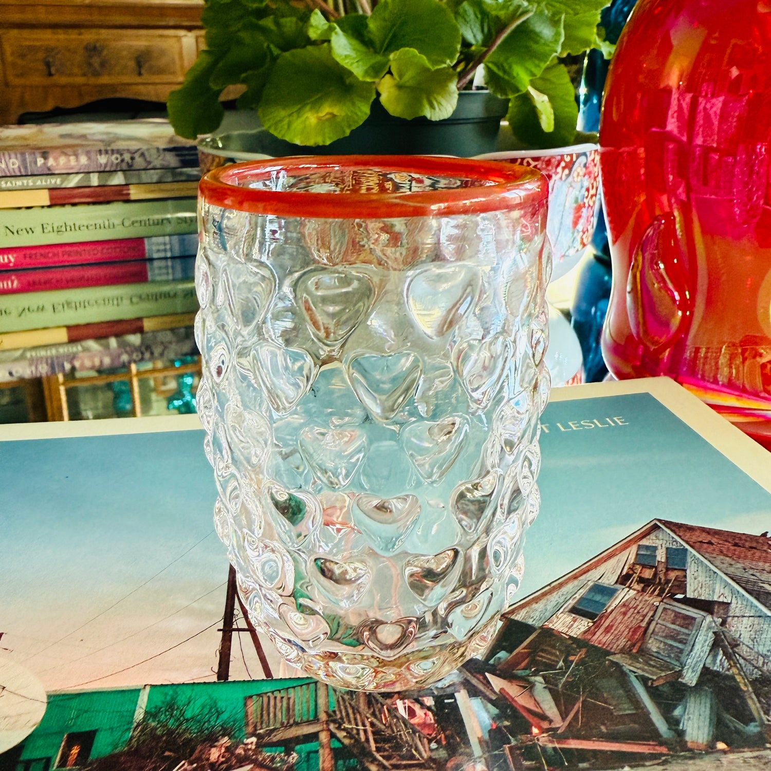 Love Cups handblown glass with heart motifs and a vibrant lip, perfect for cocktails and everyday sipping.